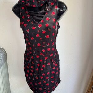 Floral Black and Red Sleeveless Dress with hood